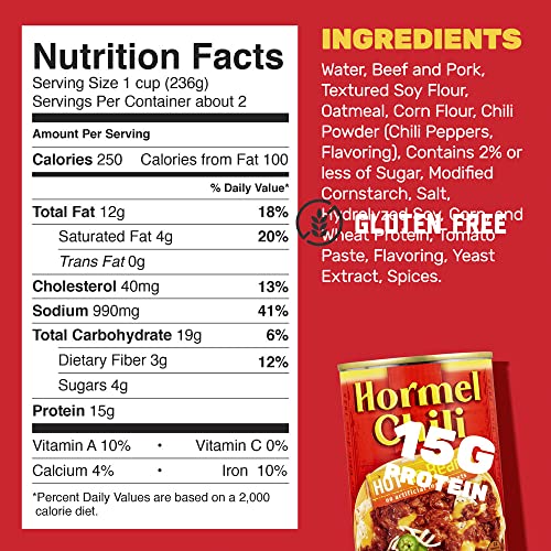 Hormel Chili Hot No Beans kitchen scene conveys pantry staple for versatile recipes