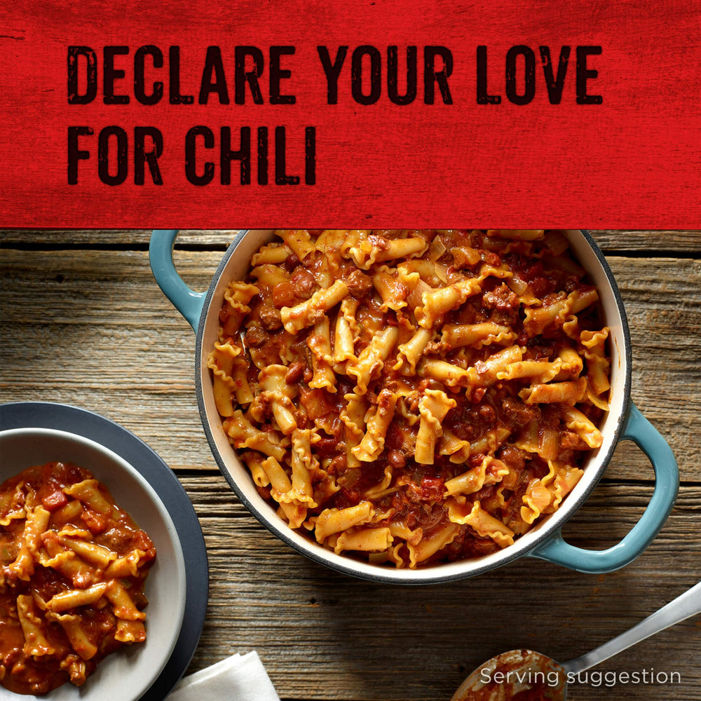 Hormel Chili Hot No Beans with macaroni dish showcases protein-rich, comforting weeknight option