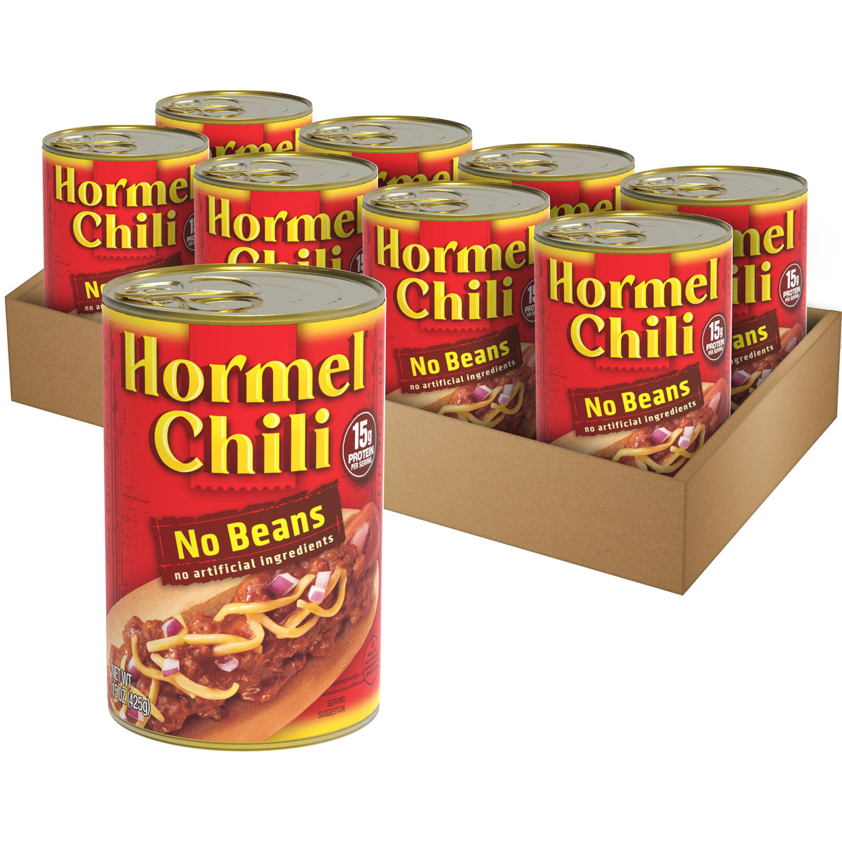 Hormel Chili No Beans 15 oz can on pantry shelf for quick weeknight meals