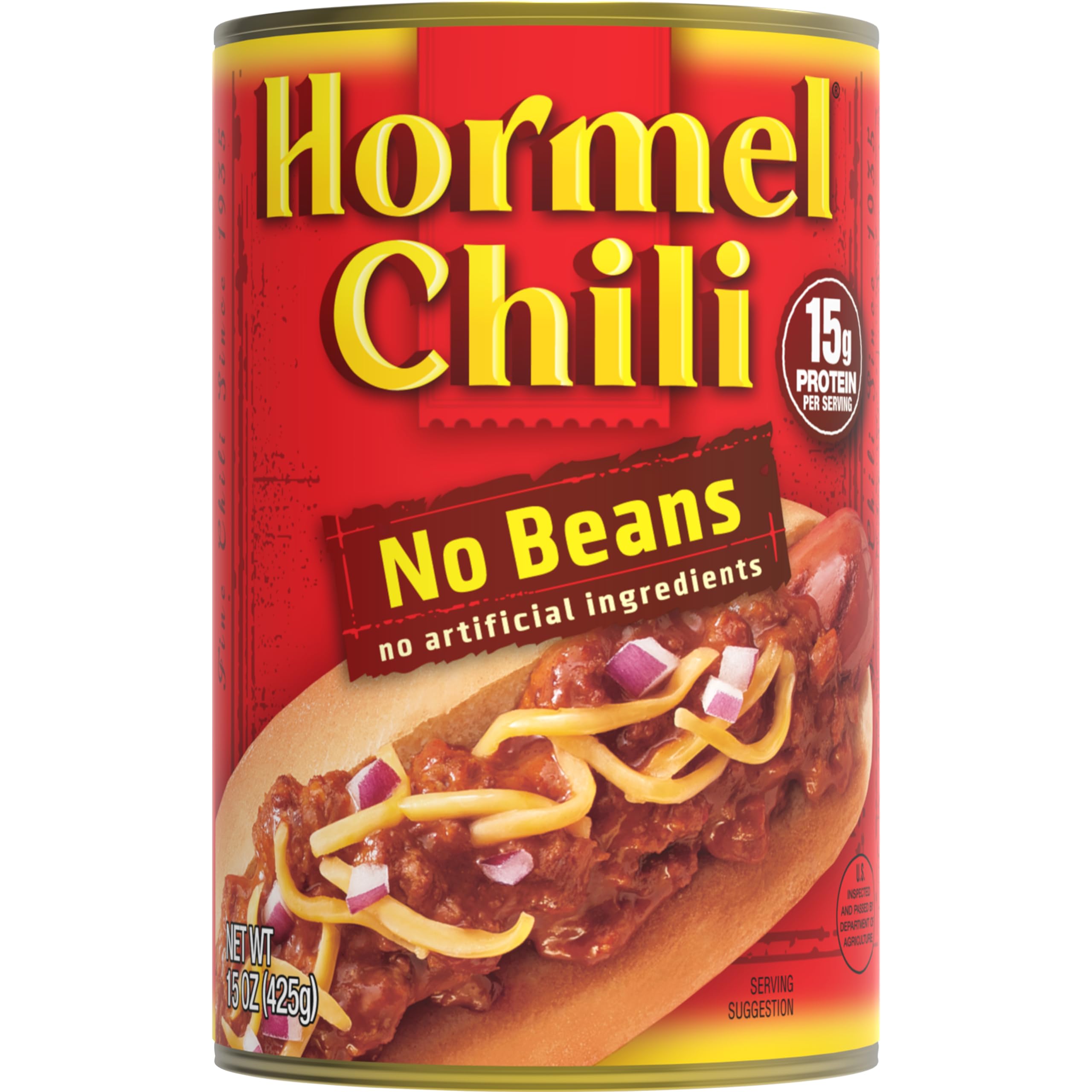 Hormel Chili No Beans with an easy-pull top can for quick meals.
