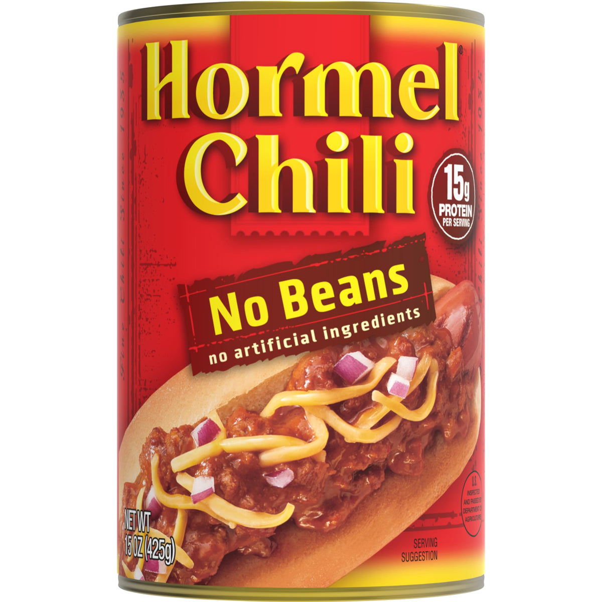 Hormel Chili No Beans with an easy-pull top can for quick meals.