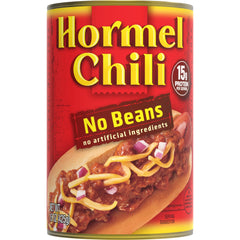 Hormel Chili No Beans with an easy-pull top can for quick meals.