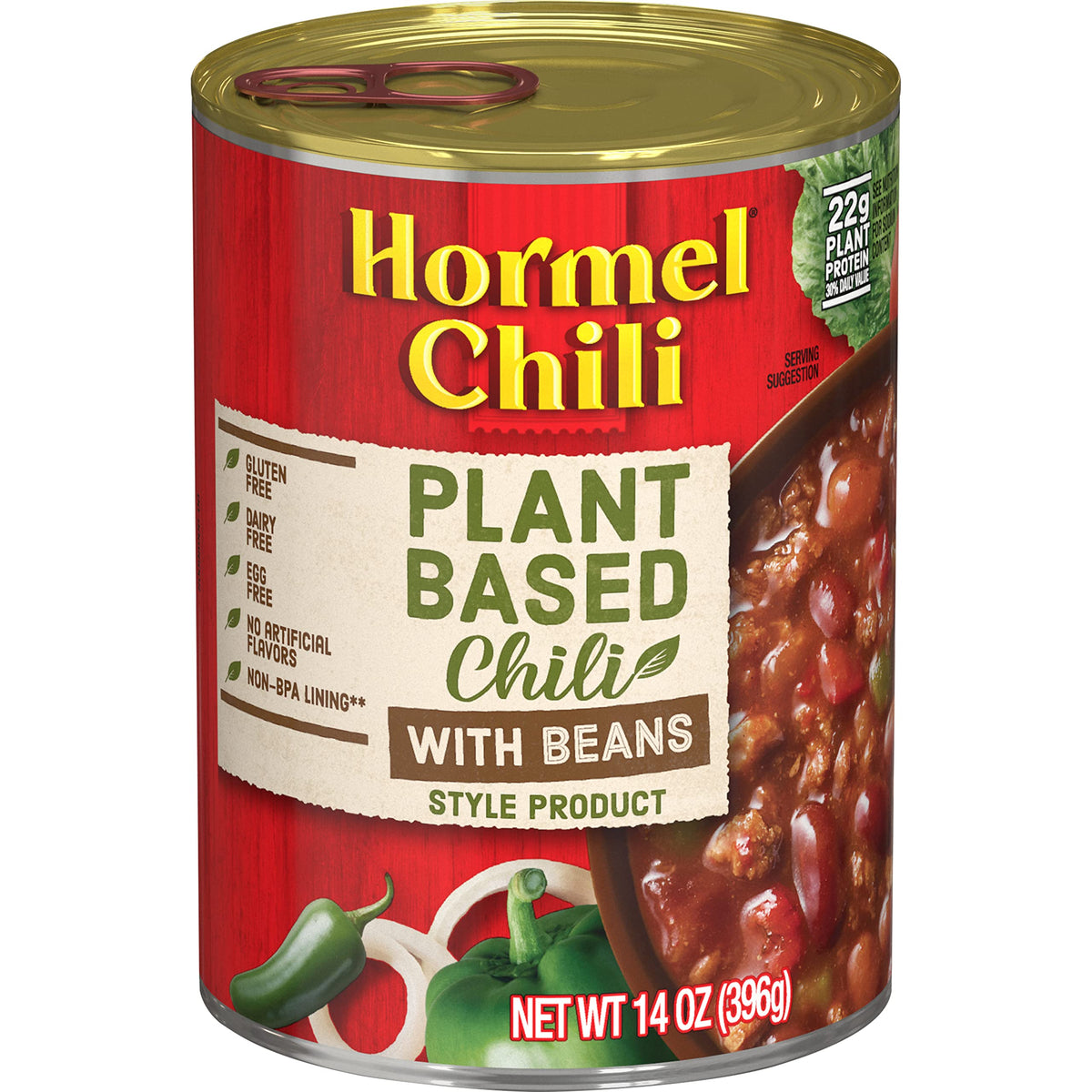 Hormel Plant-Based Chili with Beans can front showing protein per serving.