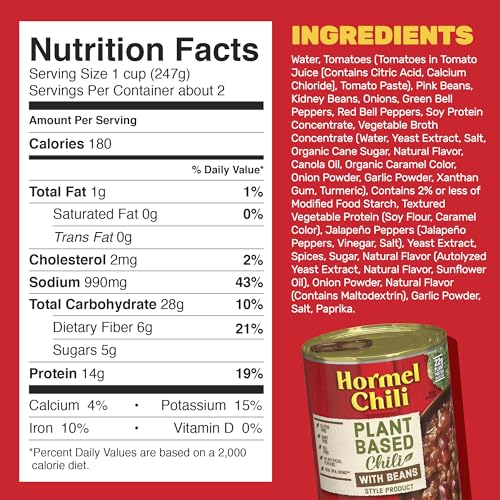 Hormel chili can side panel with nutrition facts.