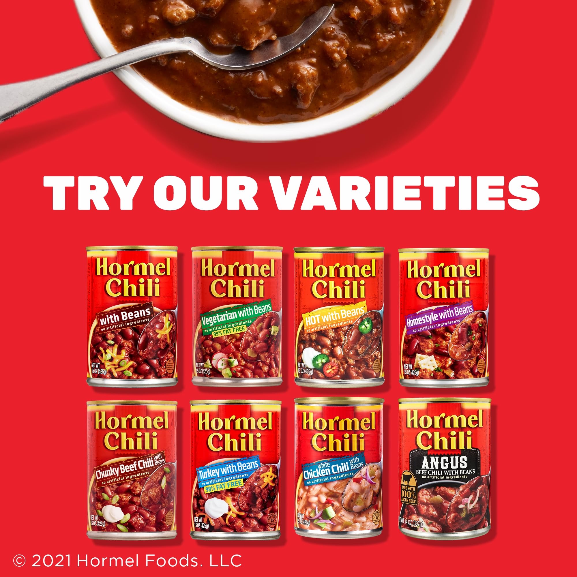 Protein and fiber notes on Hormel chili packaging.