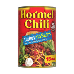 Hormel Chili Turkey No Beans can label shows a savory, protein-rich meal option.