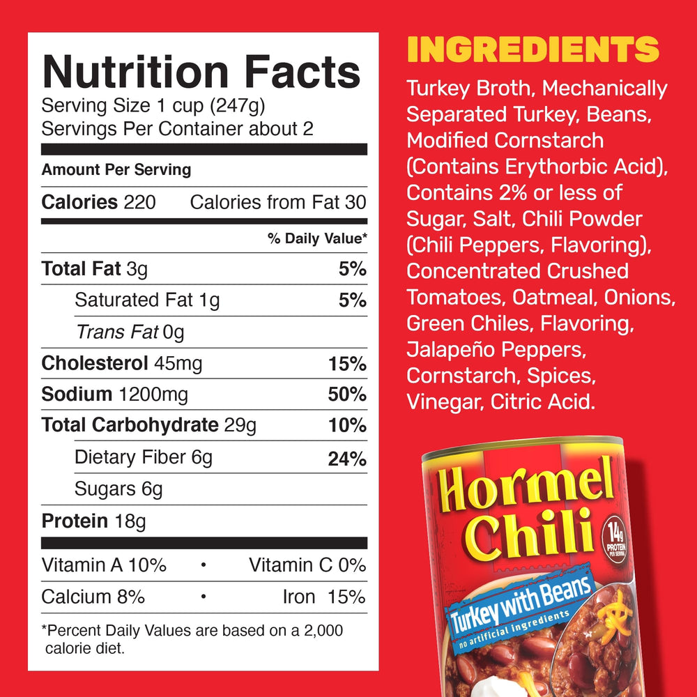 Hormel Chili Turkey with Beans can, pull-tab lid for fast meal prep.
