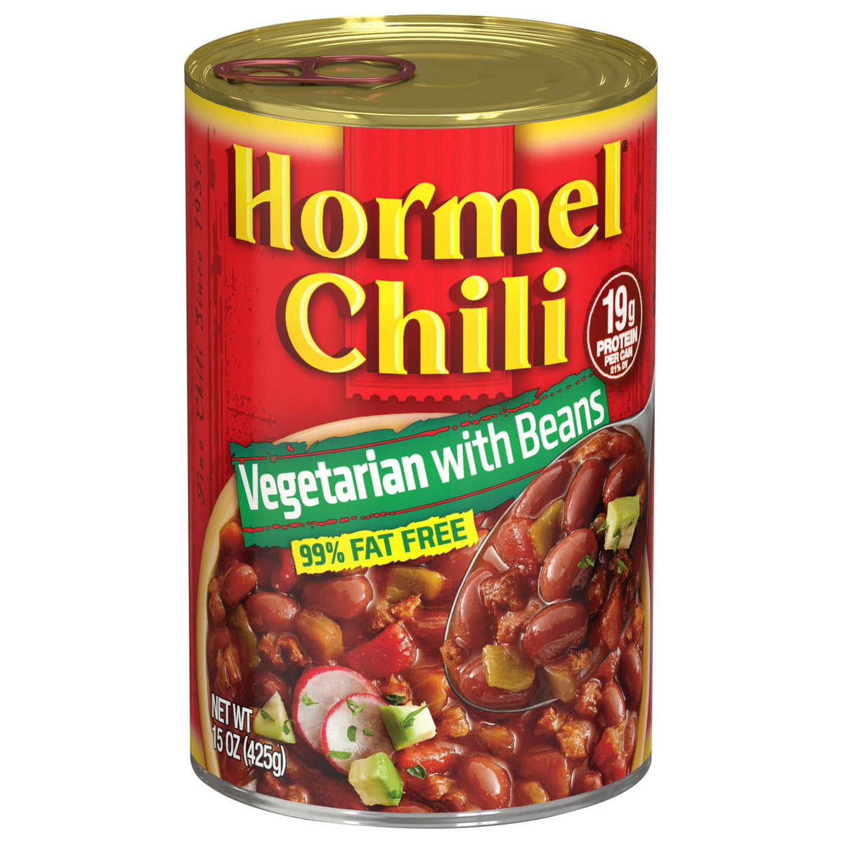 Front view of Hormel Chili Vegetarian with Beans can for quick meals