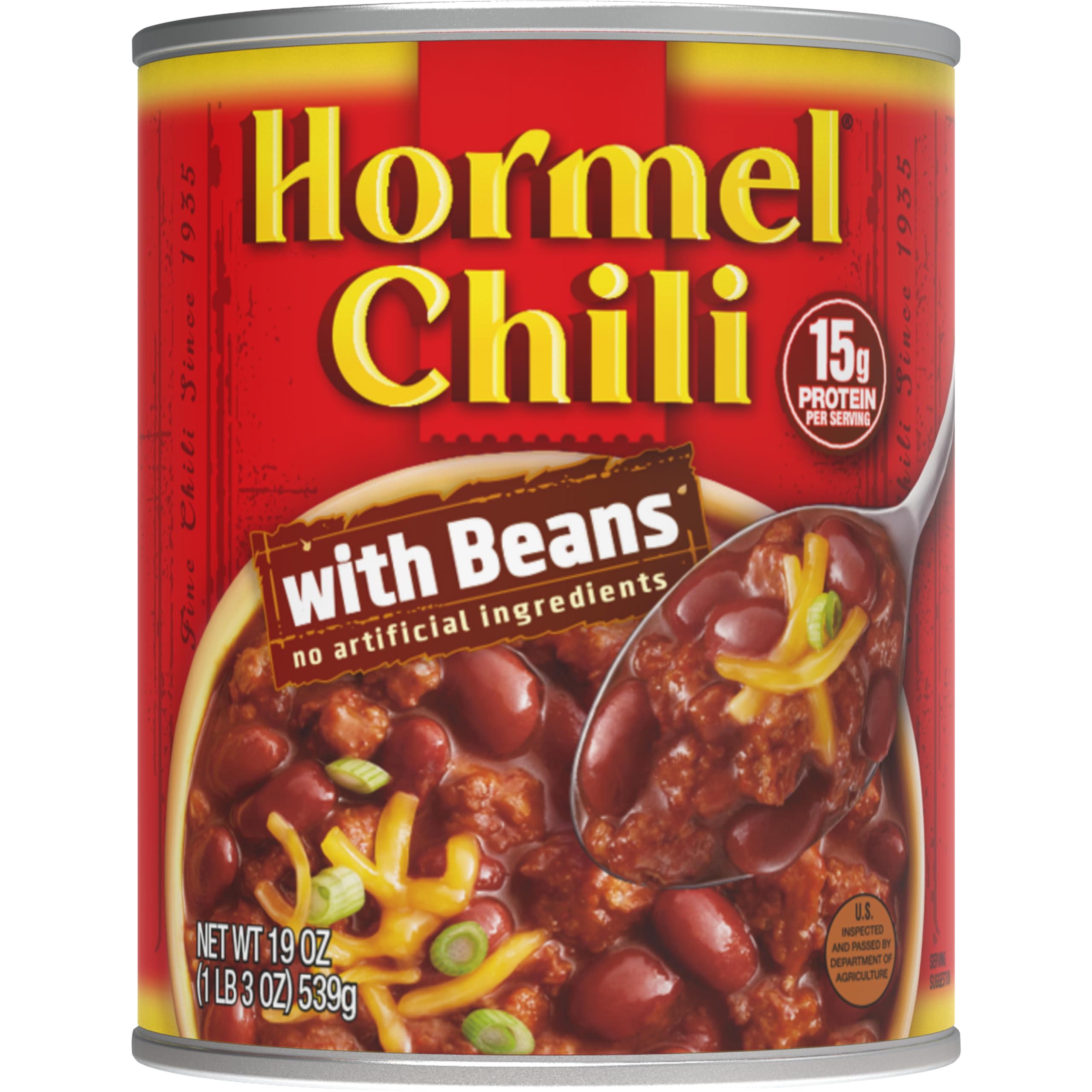 Hormel Chili with Beans 19oz pack 12 label front, convenient meal option.