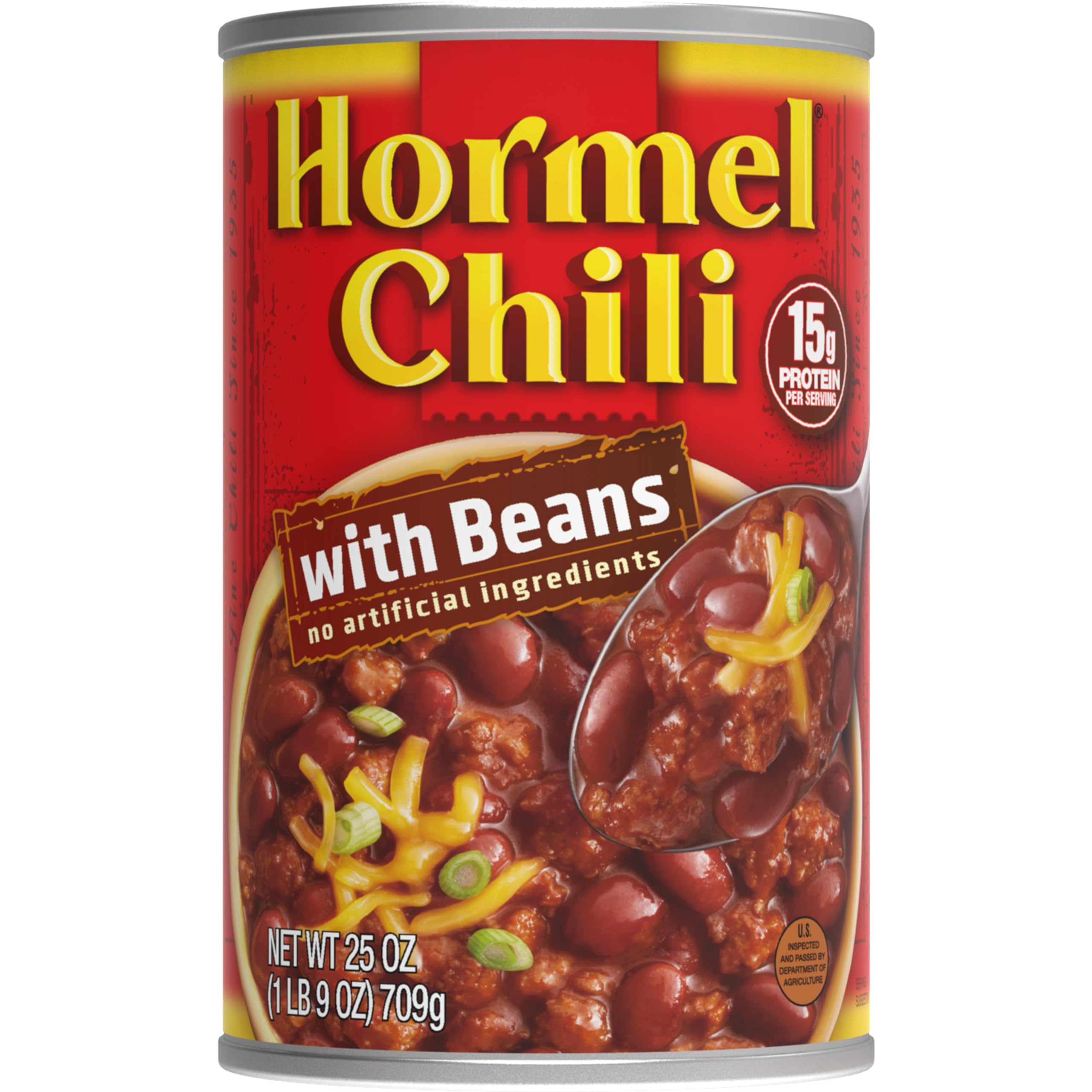 Hormel Chili with Beans 25oz can front view showing size and branding