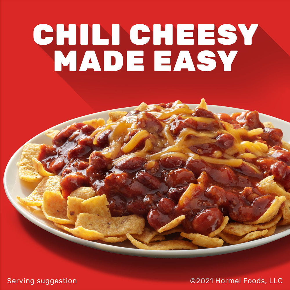 Hormel Chili with Beans topping hot dogs for quick meals