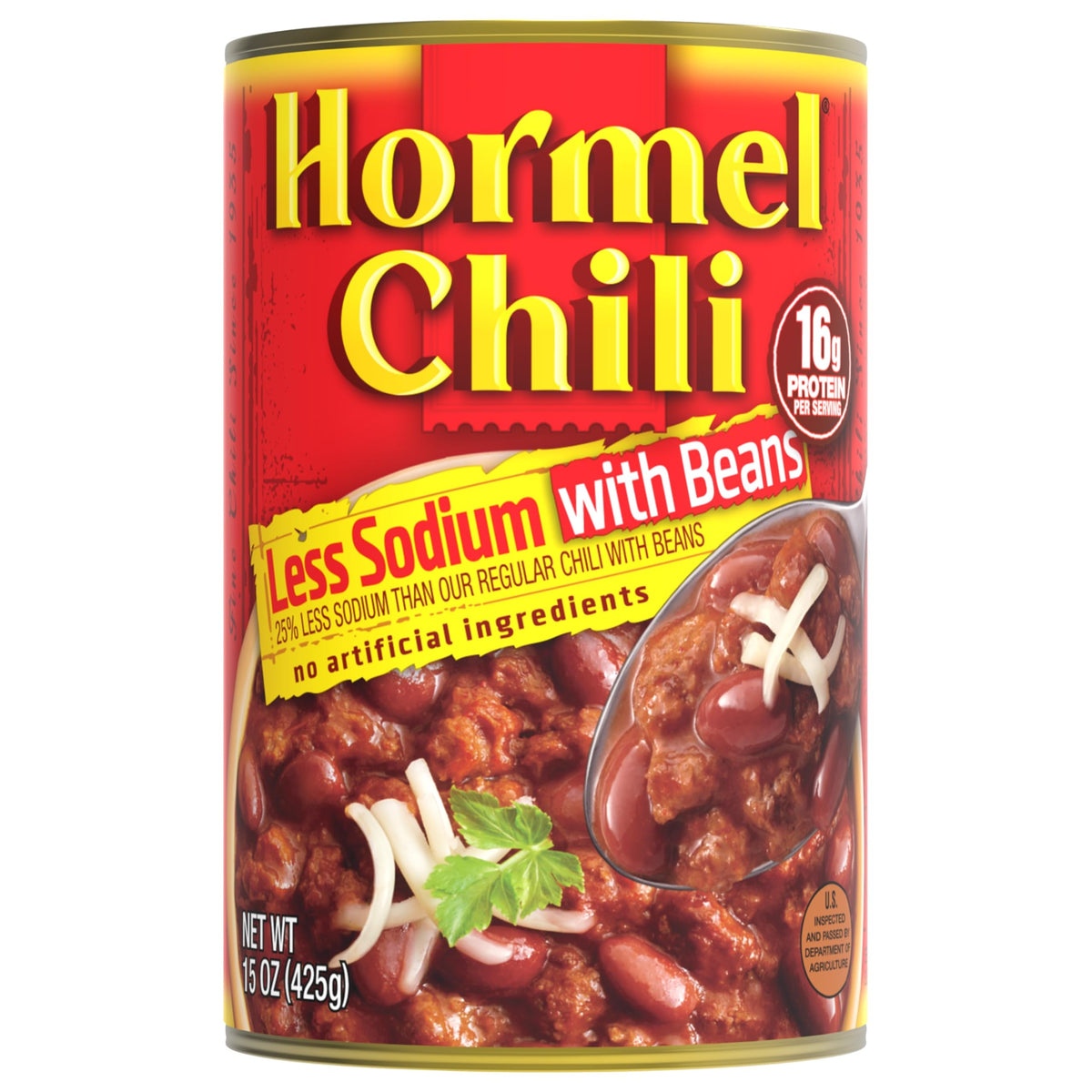 Hormel Chili with Beans Less Sodium can opened, ideal for quick bowls and dips.
