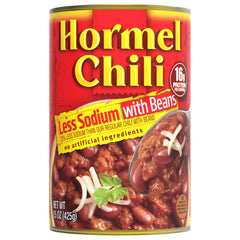 Hormel Chili with Beans Less Sodium can opened, ideal for quick bowls and dips.
