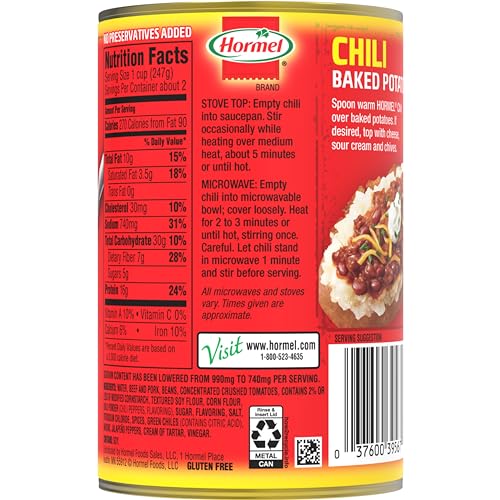 Hormel Chili with Beans Less Sodium serves as a versatile topping.