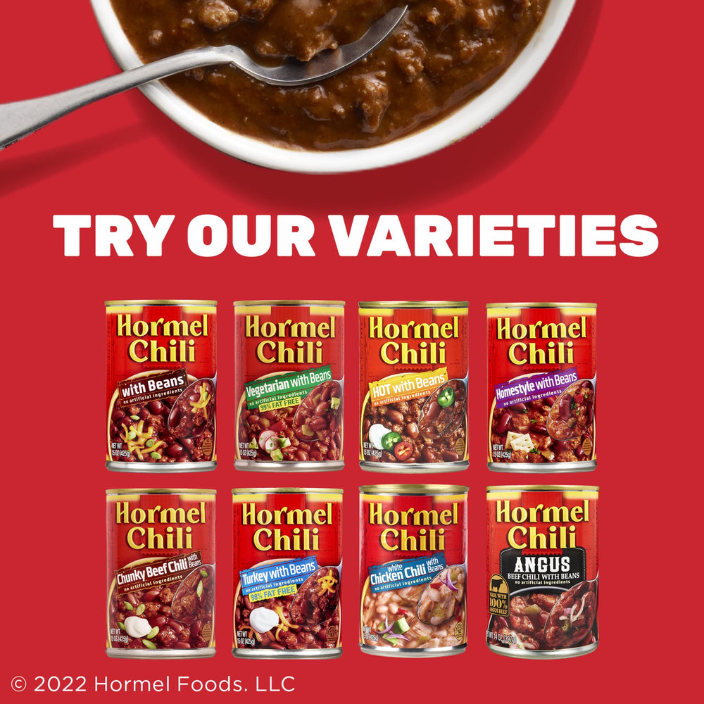 Hormel Chili with Beans - pack of 12 cans for pantry convenience.