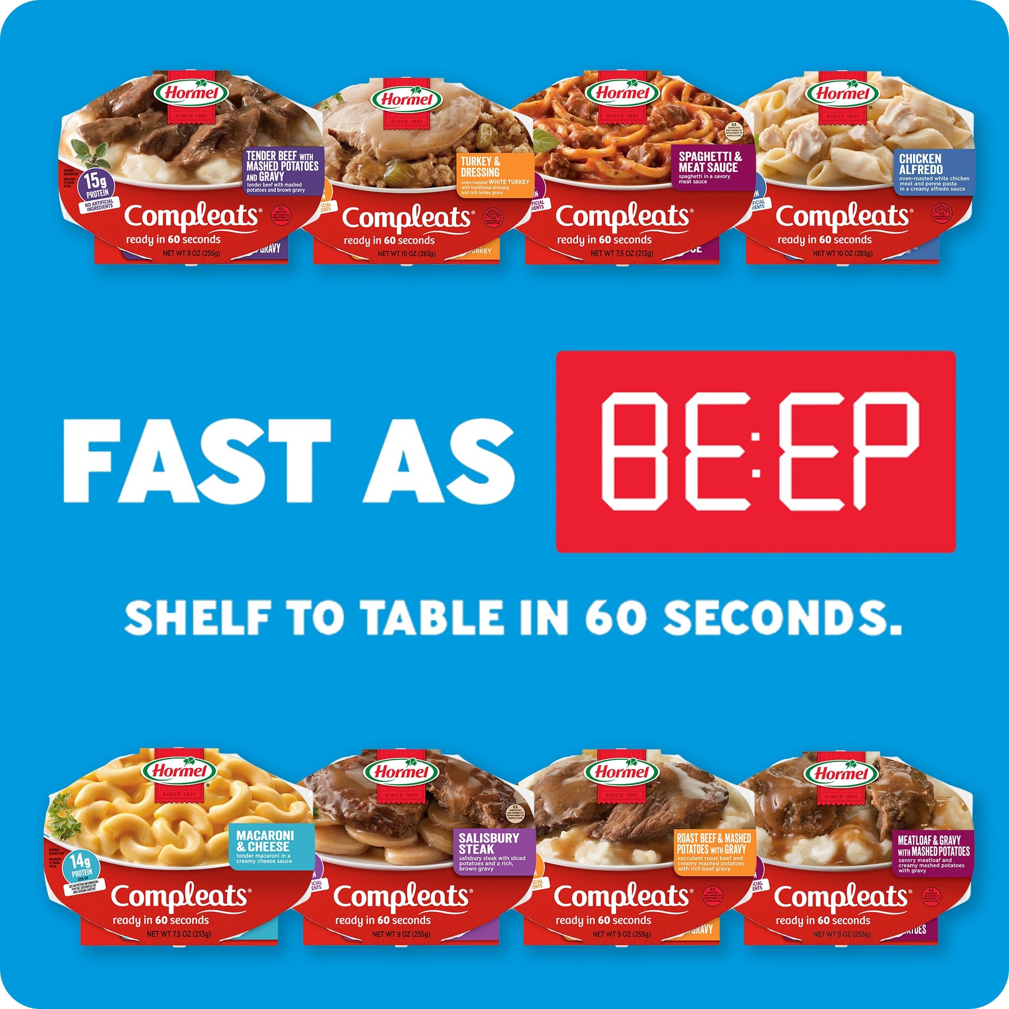 Shelf-stable Hormel Compleats tray, great for desk or dorm meals.