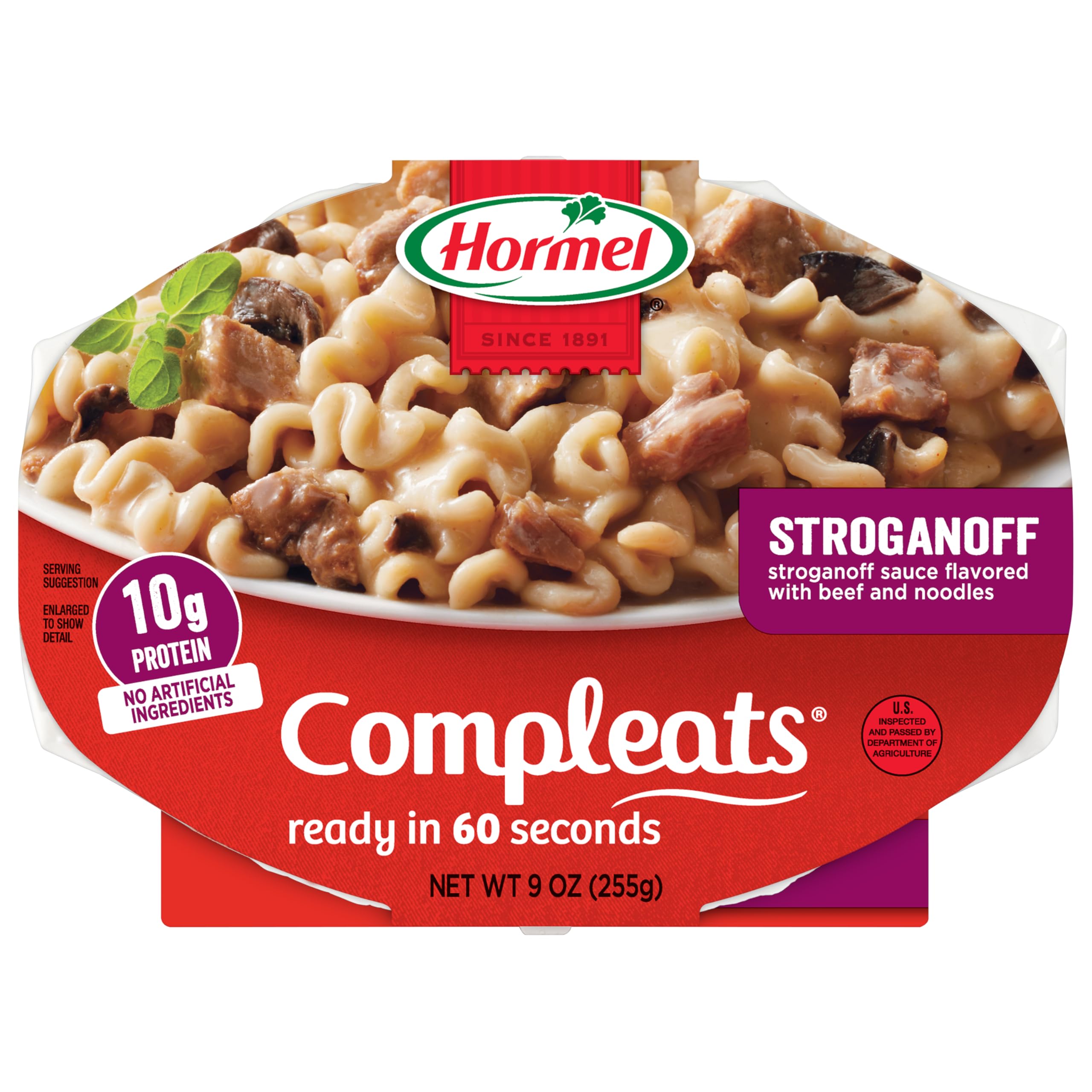 Hormel Compleats Beef Stroganoff tray close-up shows tender beef and creamy sauce for quick meals.