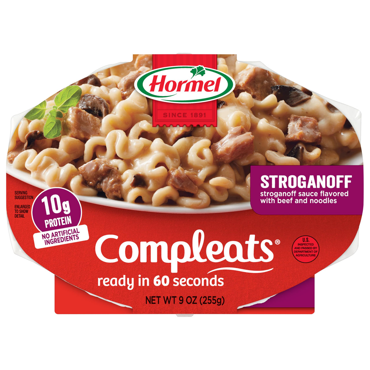 Hormel Compleats Beef Stroganoff tray close-up shows tender beef and creamy sauce for quick meals.