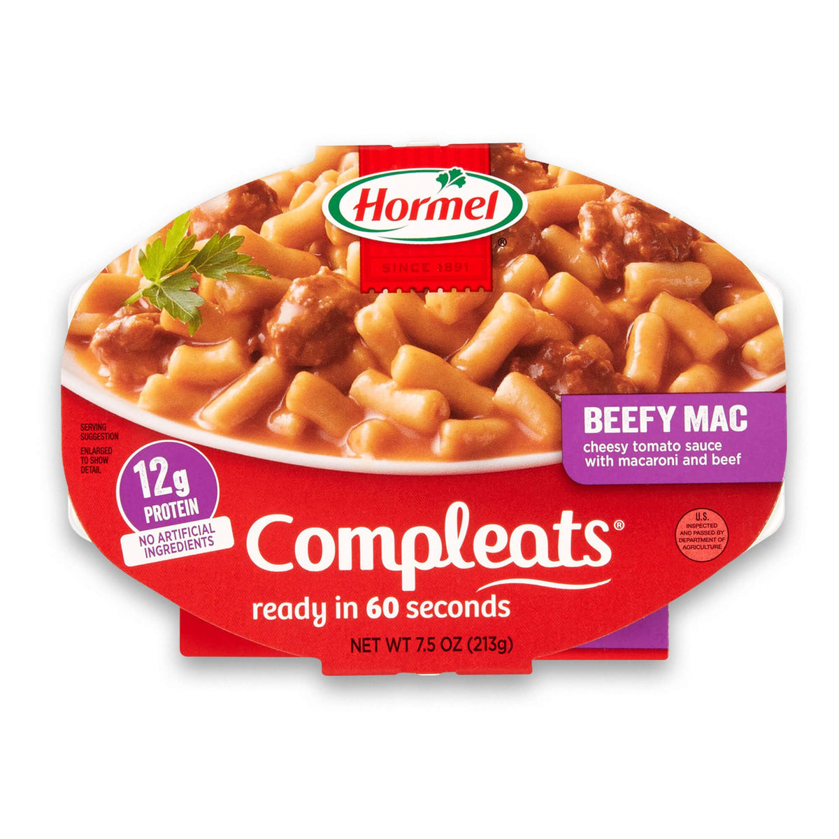 Hormel Compleats Beefy Mac & Cheese tray front view—quick, ready in minutes.
