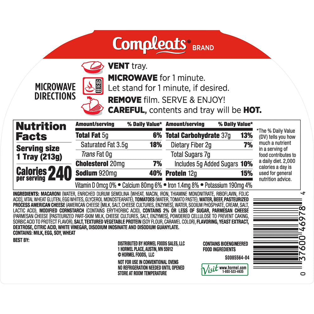 Hormel Compleats Beefy Mac & Cheese nutrition panel close-up.