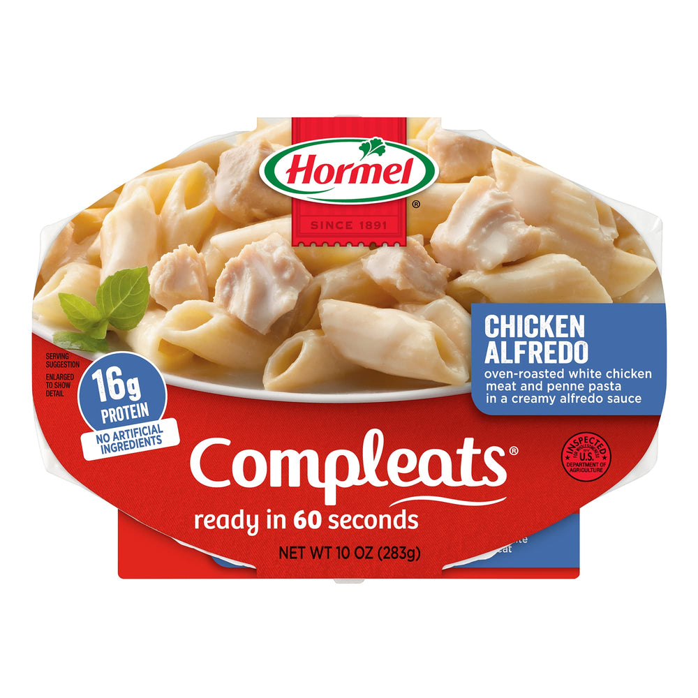 HORMEL COMPLEATS Chicken Alfredo ingredients graphic highlights roasted chicken and penne in creamy sauce