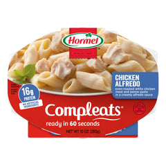 HORMEL COMPLEATS Chicken Alfredo ingredients graphic highlights roasted chicken and penne in creamy sauce
