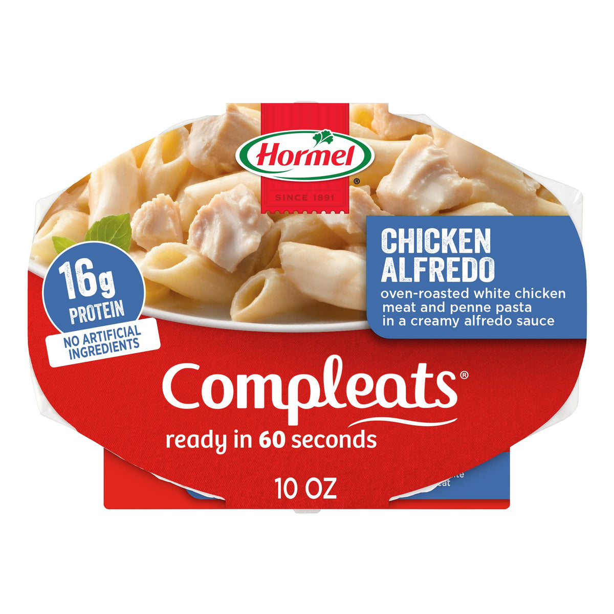 HORMEL COMPLEATS Chicken Alfredo tray front view, ready-to-eat meal in minutes