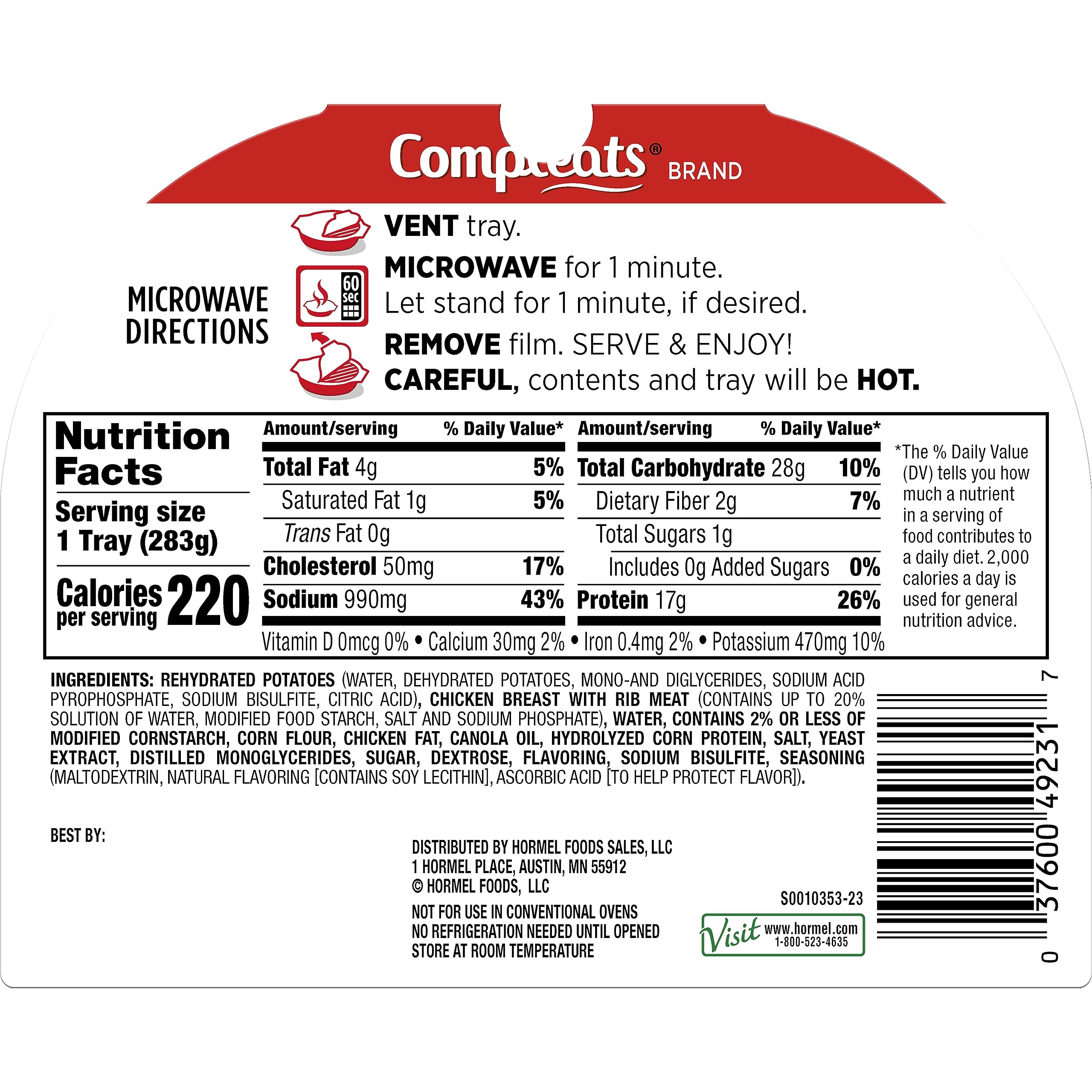 Closeup of Hormel Compleats chicken breast mashed potatoes for a hearty lunch