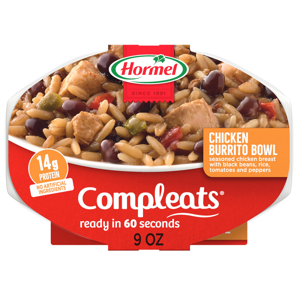 HORMEL COMPLEATS Chicken Burrito Bowl tray ready for a quick, protein‑packed meal