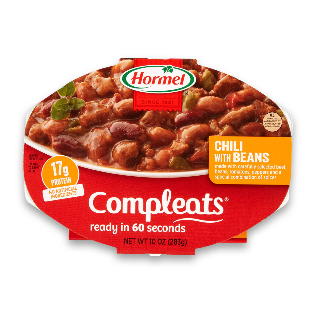 HORMEL COMPLEATS chili with beans packaging highlights pantry-ready convenience