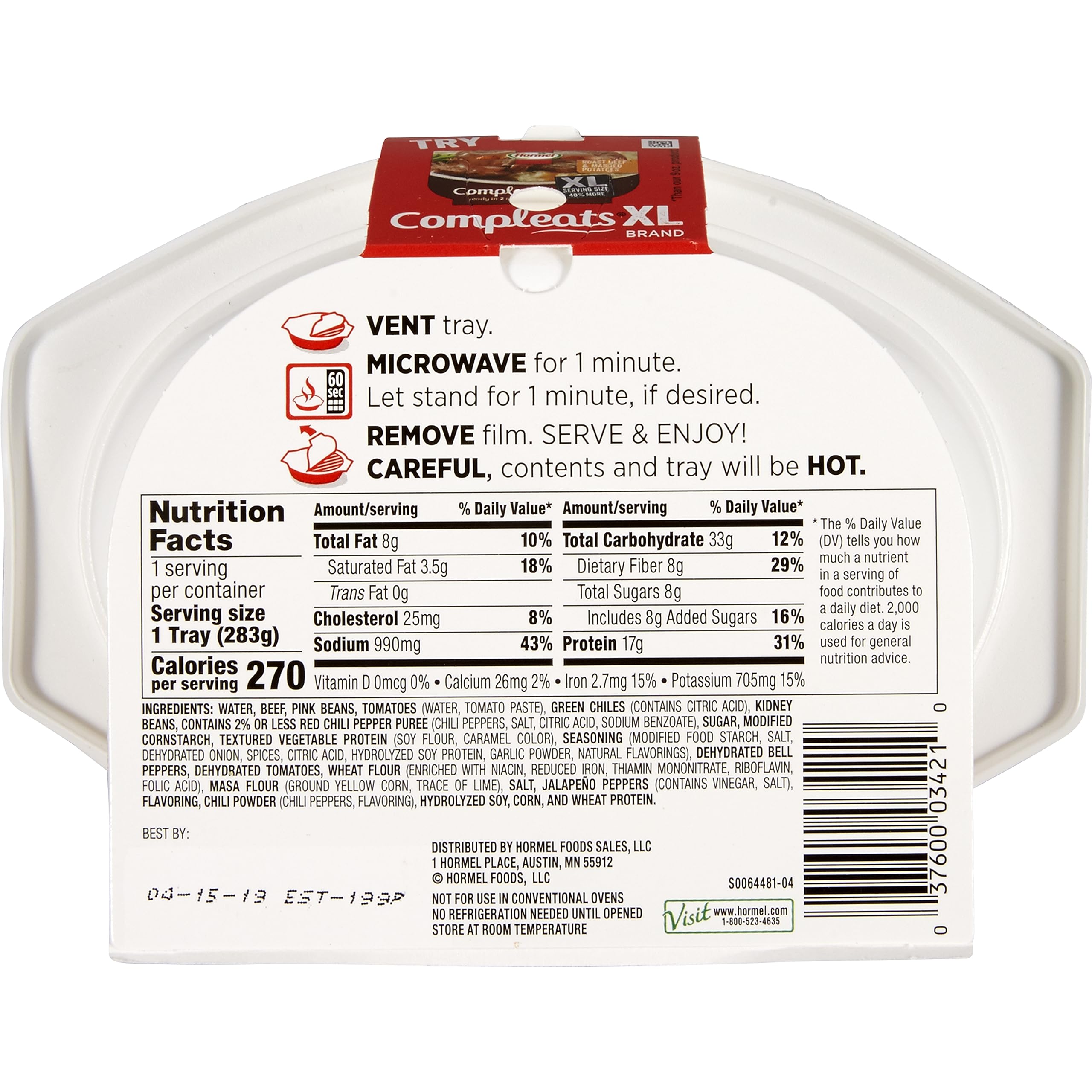 HORMEL COMPLEATS chili with beans tray steaming after heating