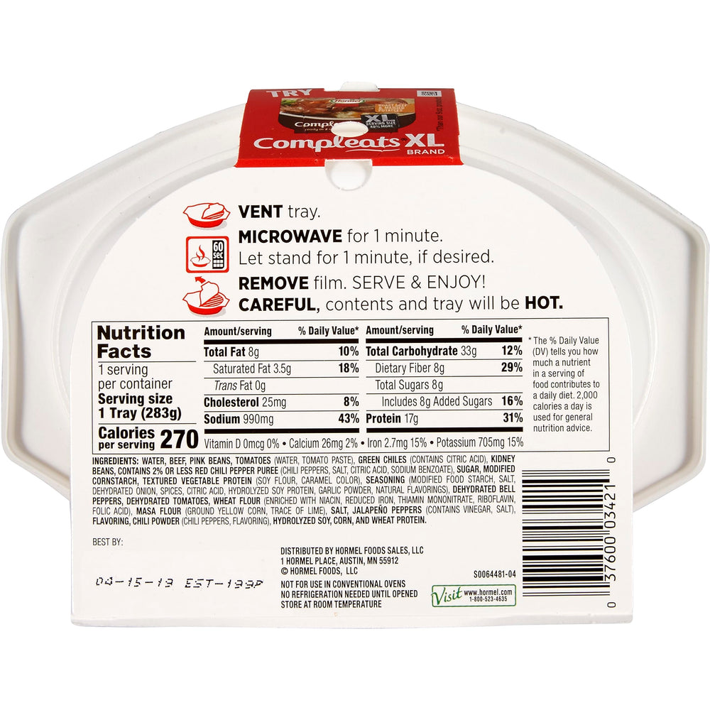 HORMEL COMPLEATS chili with beans tray steaming after heating