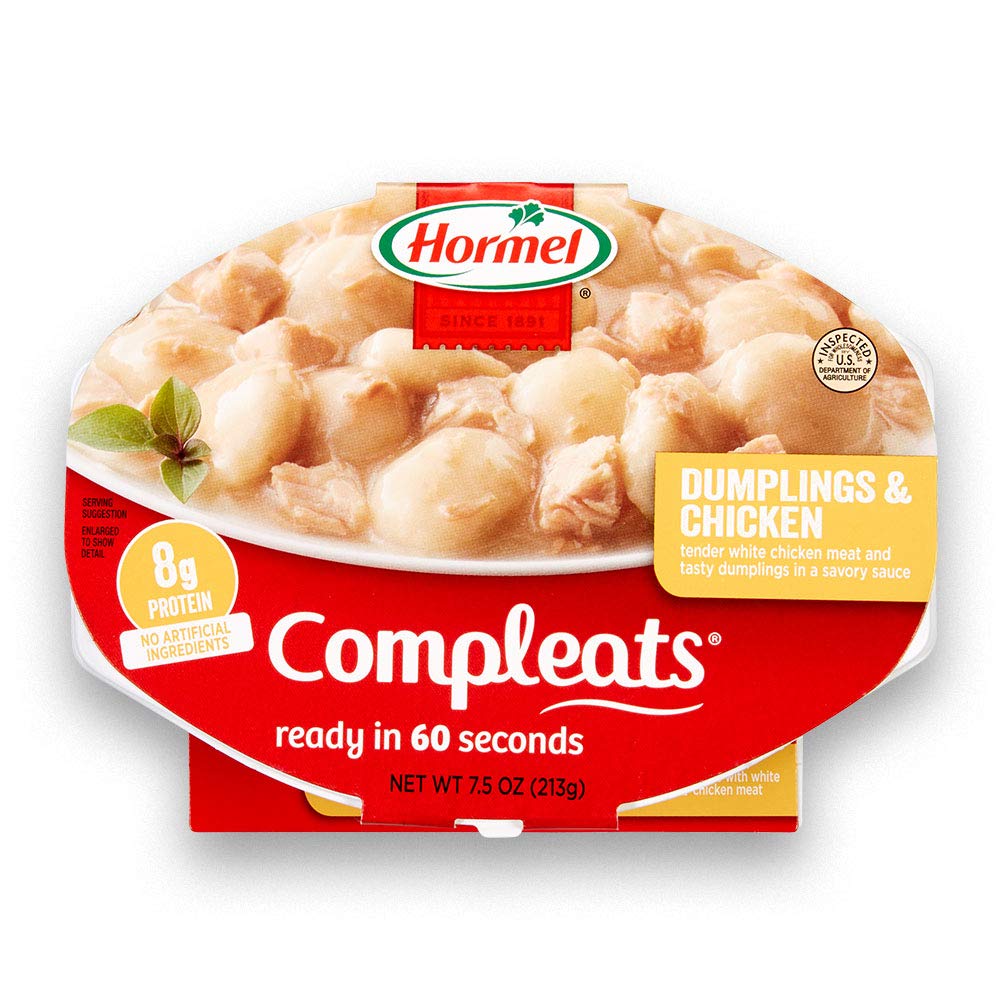 HORMEL COMPLEATS Dumplings & Chicken packaging on a store shelf, convenient ready-to-eat option.