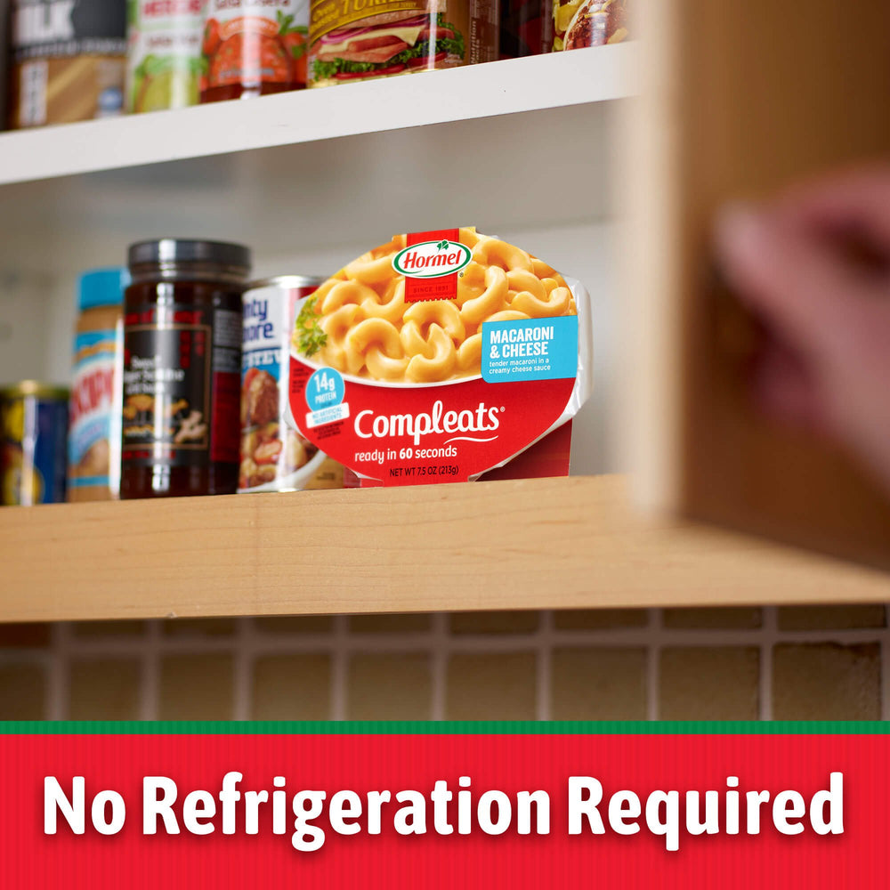 HORMEL COMPLEATS macaroni cheese microwavable tray in a kitchen for speedy dinners.