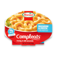 HORMEL COMPLEATS macaroni cheese tray heated in 60 seconds for a quick lunch.