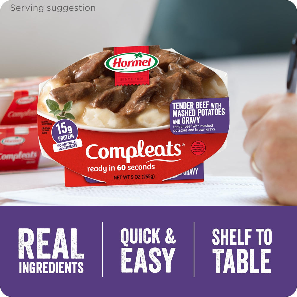 Shelf-stable Hormel Compleats on pantry shelf, ready when hunger strikes.