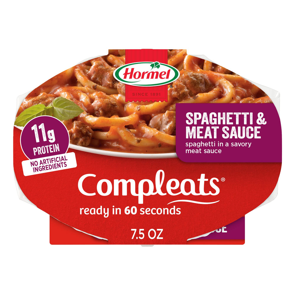 Hormel Compleats Spaghetti & Meat Sauce tray front view shows quick, convenient dinner option.