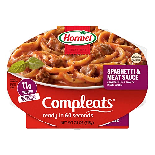 Hormel Compleats spaghetti tray microwave-ready image, highlighting fast heating for busy evenings.