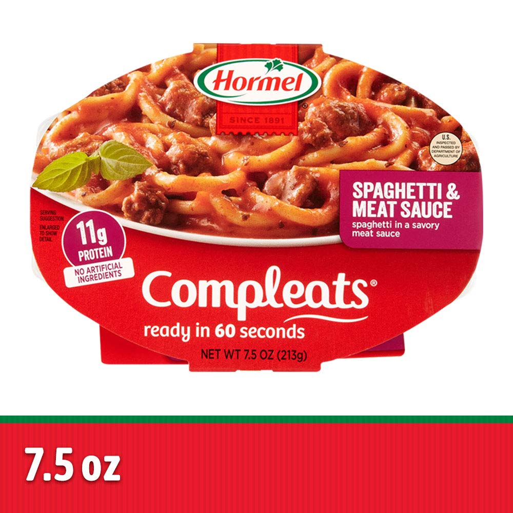 Close-up of noodles and sauce in Hormel Compleats tray.