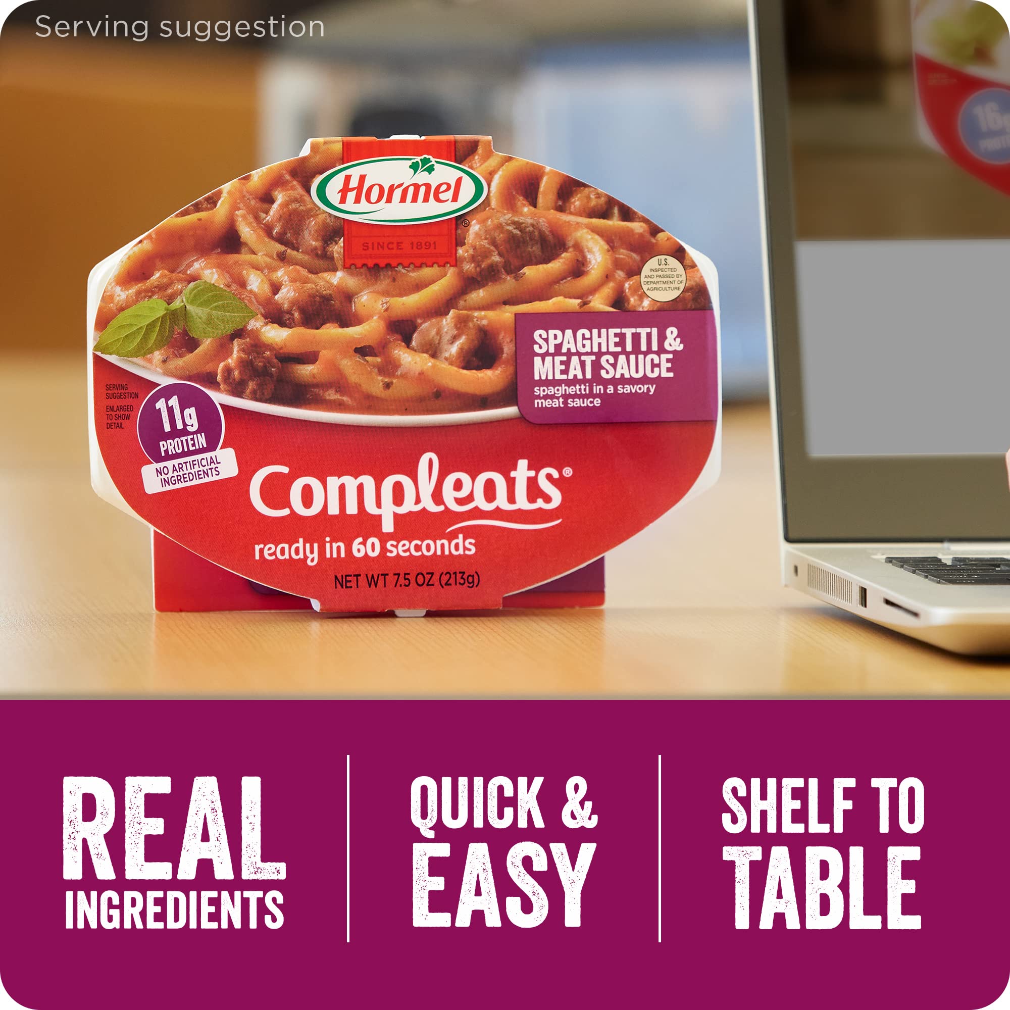 Packaging of Hormel Compleats seven-pack displayed for pantry staples.
