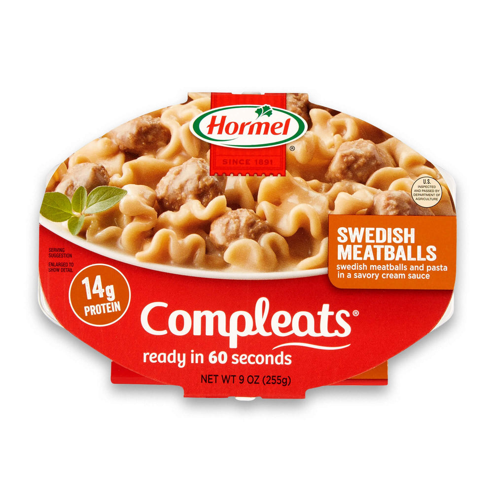 Hormel Compleats Swedish Meatballs microwave tray ready to serve as a quick dinner.