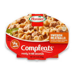 Hormel Compleats Swedish Meatballs microwave tray ready to serve as a quick dinner.