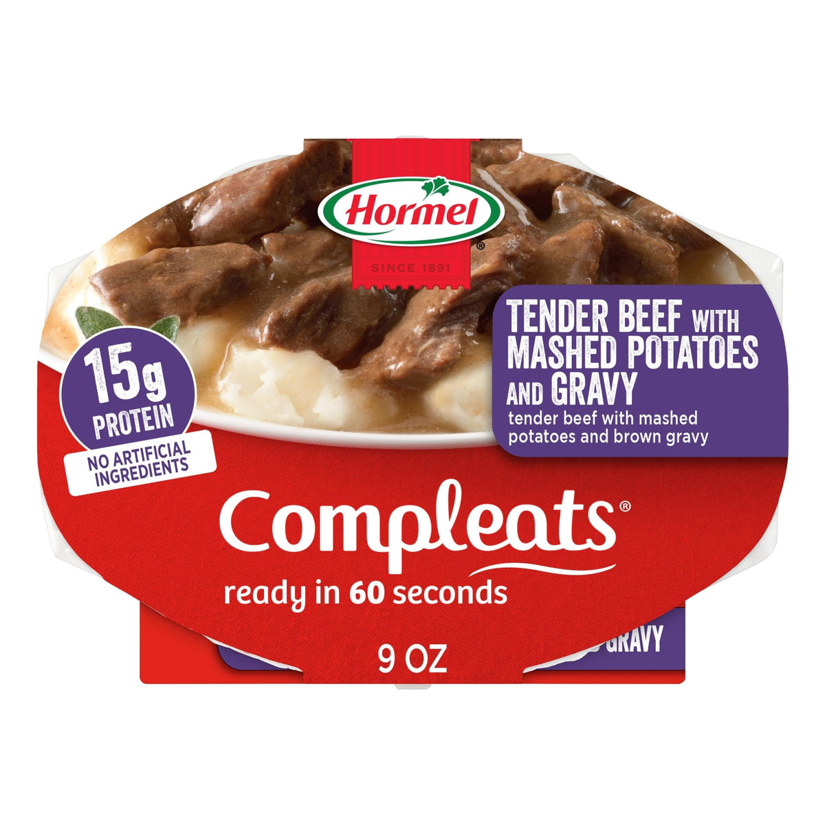 Hormel Compleats tender beef with mashed potatoes and gravy tray, quick dinner.