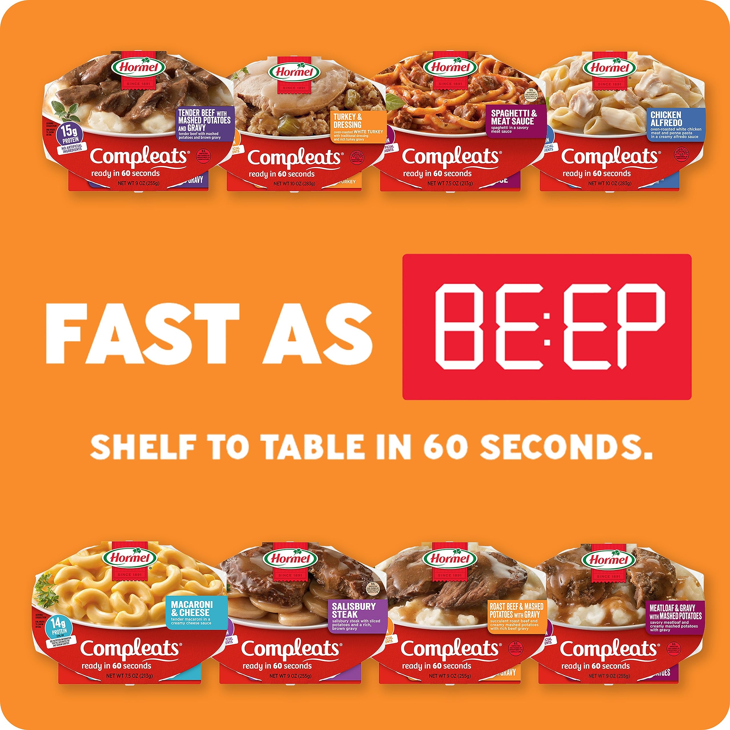 HORMEL COMPLEATS trays stacked on pantry shelf for grab-and-go meals.