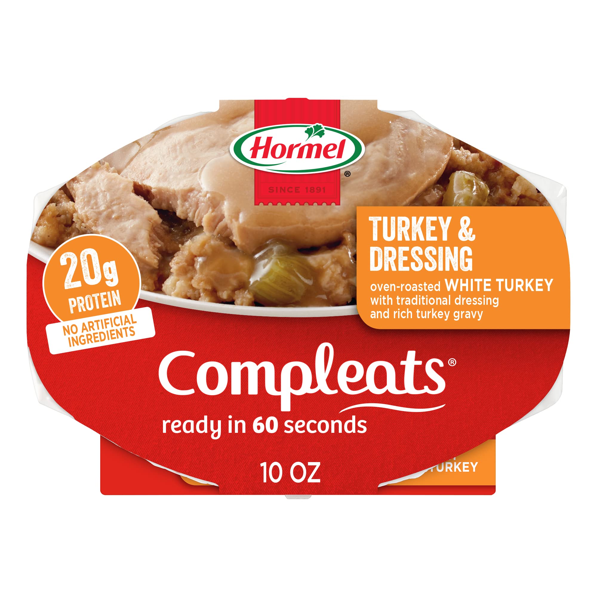 HORMEL COMPLEATS turkey-dressing tray front view, ready-to-eat in 60 seconds.