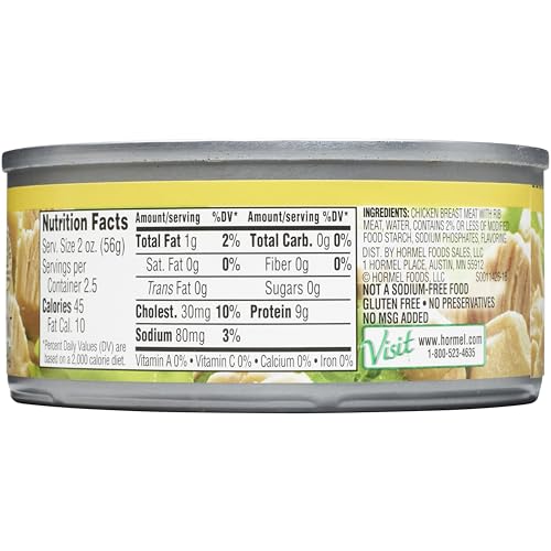 Open Hormel Premium No Salt Added chicken can showing chunks ready to drain