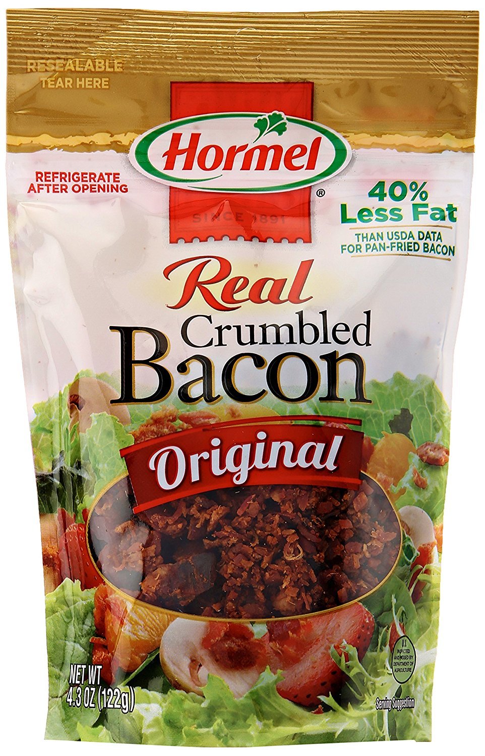 Hormel Real Bacon Crumble Topping in a resealable pouch for easy topping