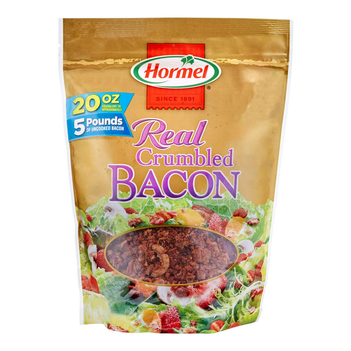 Hormel Real Crumbled Bacon bag close-up showing fully cooked bacon bits