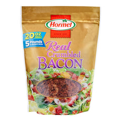 Hormel Real Crumbled Bacon bag close-up showing fully cooked bacon bits