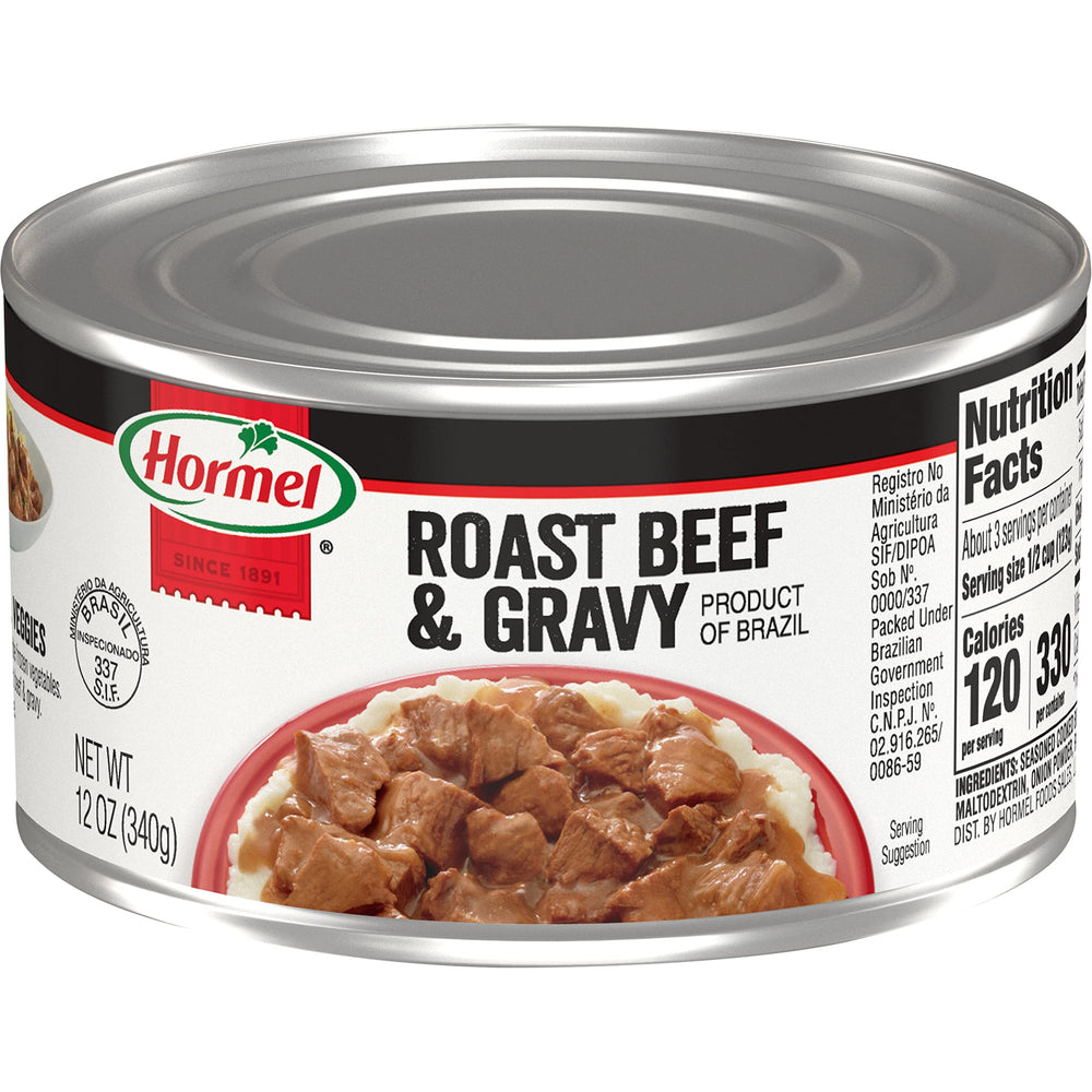 Hormel Roast Beef & Gravy 12-pack cans, convenient ready-to-heat protein.